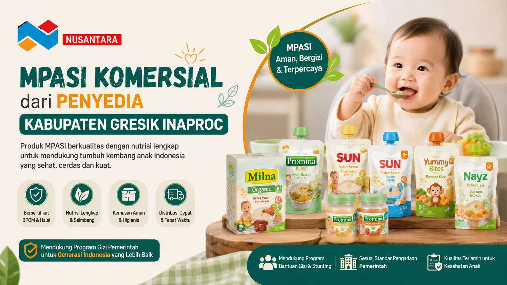 Banner MPASI komersial untuk pengadaan pemerintah Kabupaten Gresik, menampilkan berbagai produk MPASI bergizi, bayi yang sedang makan.