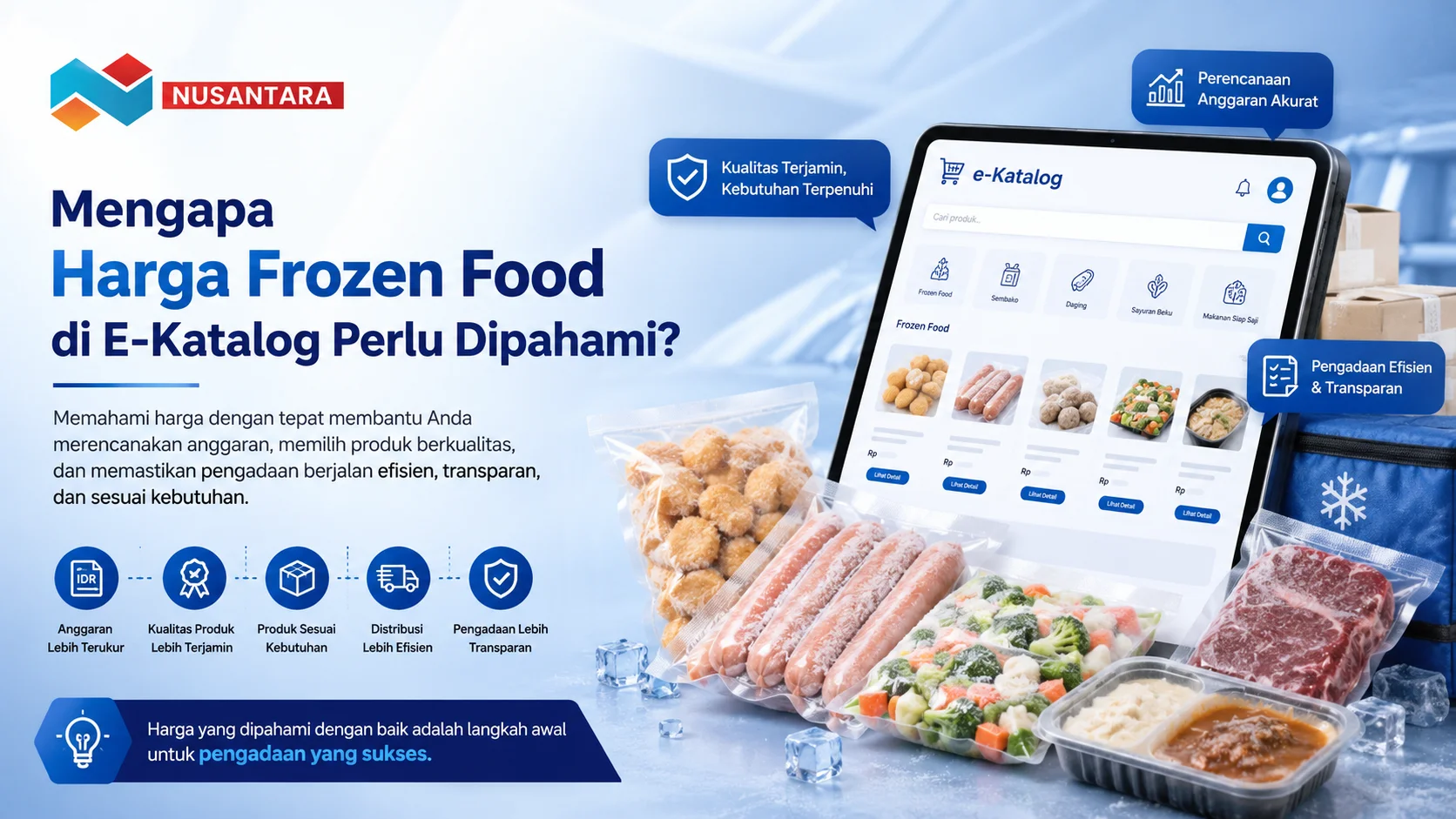 Banner ilustrasi pengadaan frozen food di E-Katalog dengan tampilan katalog digital, berbagai produk pangan beku.