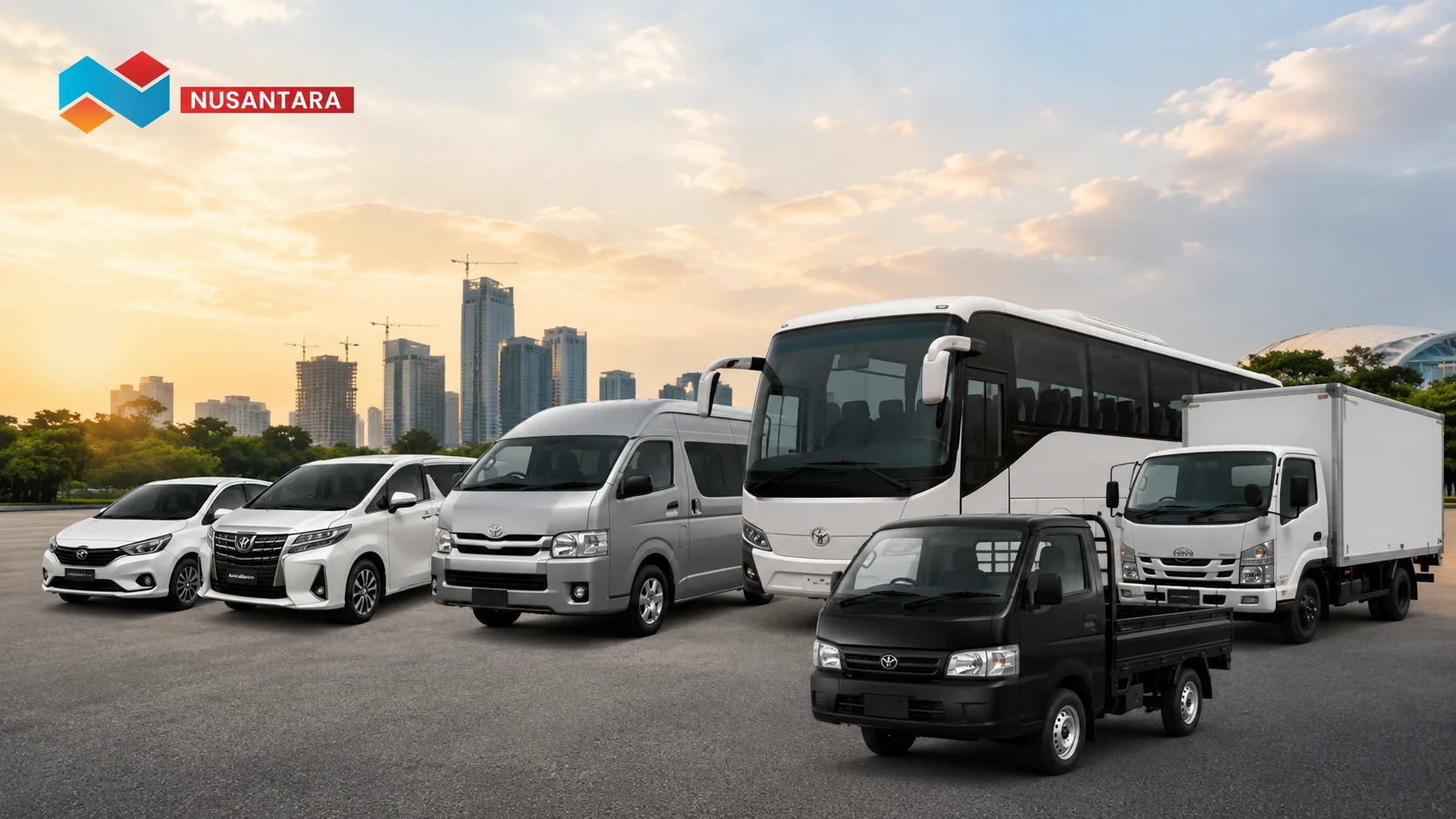 Ilustrasi berbagai jenis armada jasa sewa transportasi yang terdiri dari mobil penumpang, minibus, bus, dan kendaraan logistik untuk mendukung kebutuhan operasional dan mobilitas dalam pengadaan transportasi.