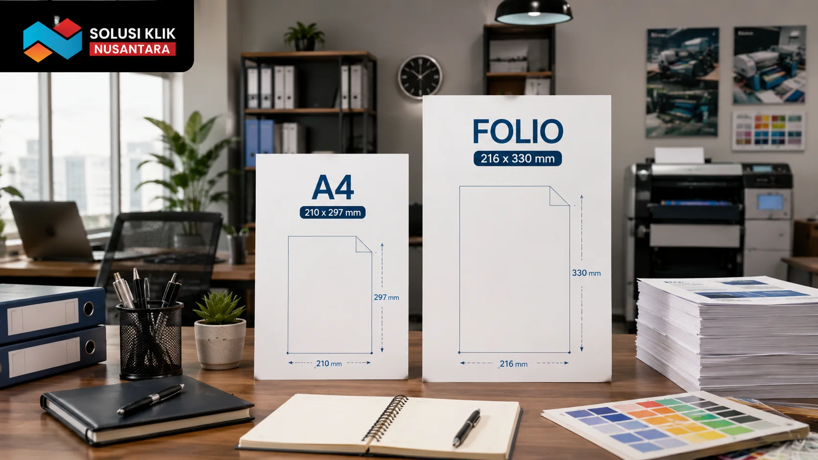 Ilustrasi perbandingan ukuran kertas A4 dan folio dalam suasana kantor modern dengan dokumen, printer.