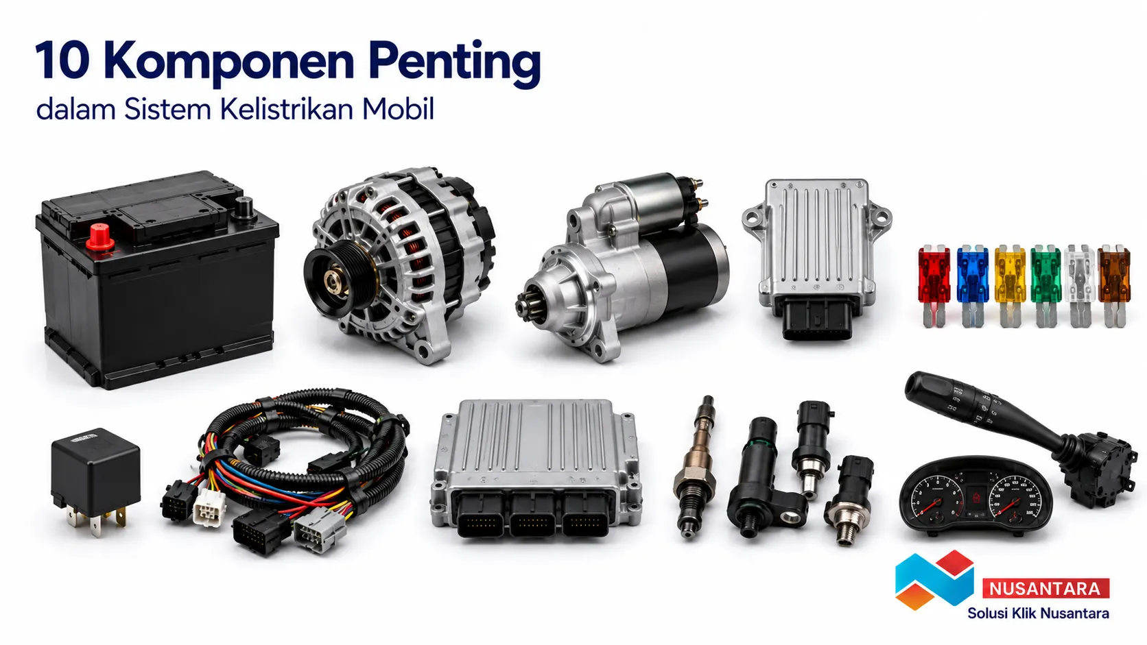 Banner menampilkan komponen utama sistem kelistrikan mobil secara realistis, seperti aki, alternator, starter motor, ECU, wiring harness, sensor, relay, dan sekring, dengan logo Solusi Klik Nusantara di pojok kanan bawah.