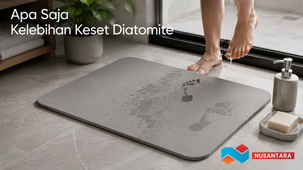 Banner keset diatomite dengan tampilan produk realistis dan daya serap air tinggi.