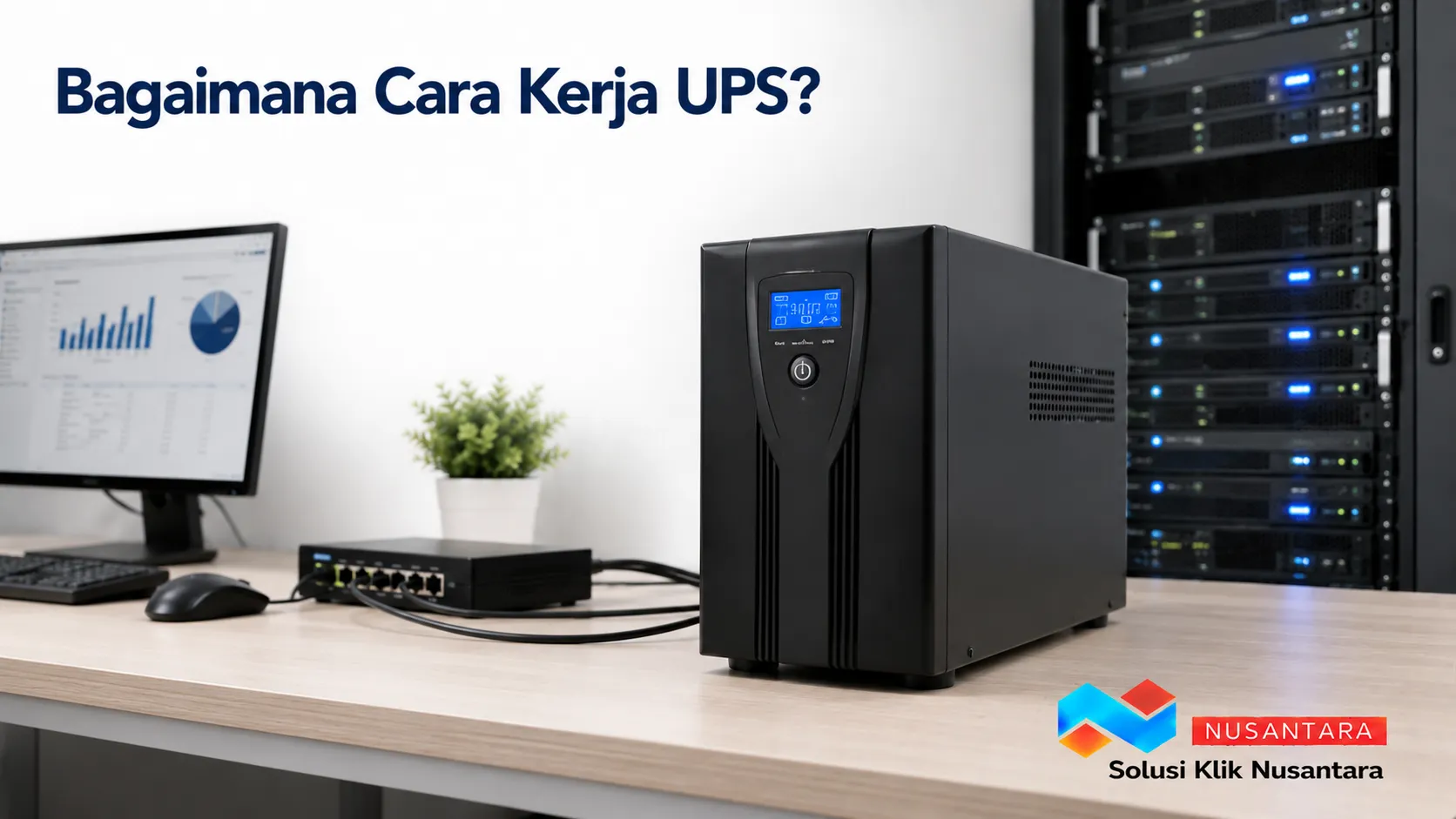 UPS modern di ruang kerja sebagai ilustrasi cara kerja UPS dalam menjaga pasokan listrik dan melindungi perangkat elektronik saat terjadi gangguan daya.