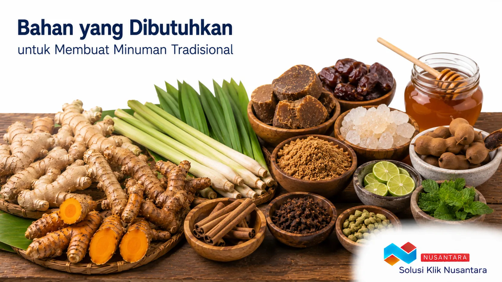 Bahan rempah alami seperti jahe, kunyit, serai, kayu manis, dan gula aren sebagai bahan utama pembuatan minuman tradisional Indonesia.