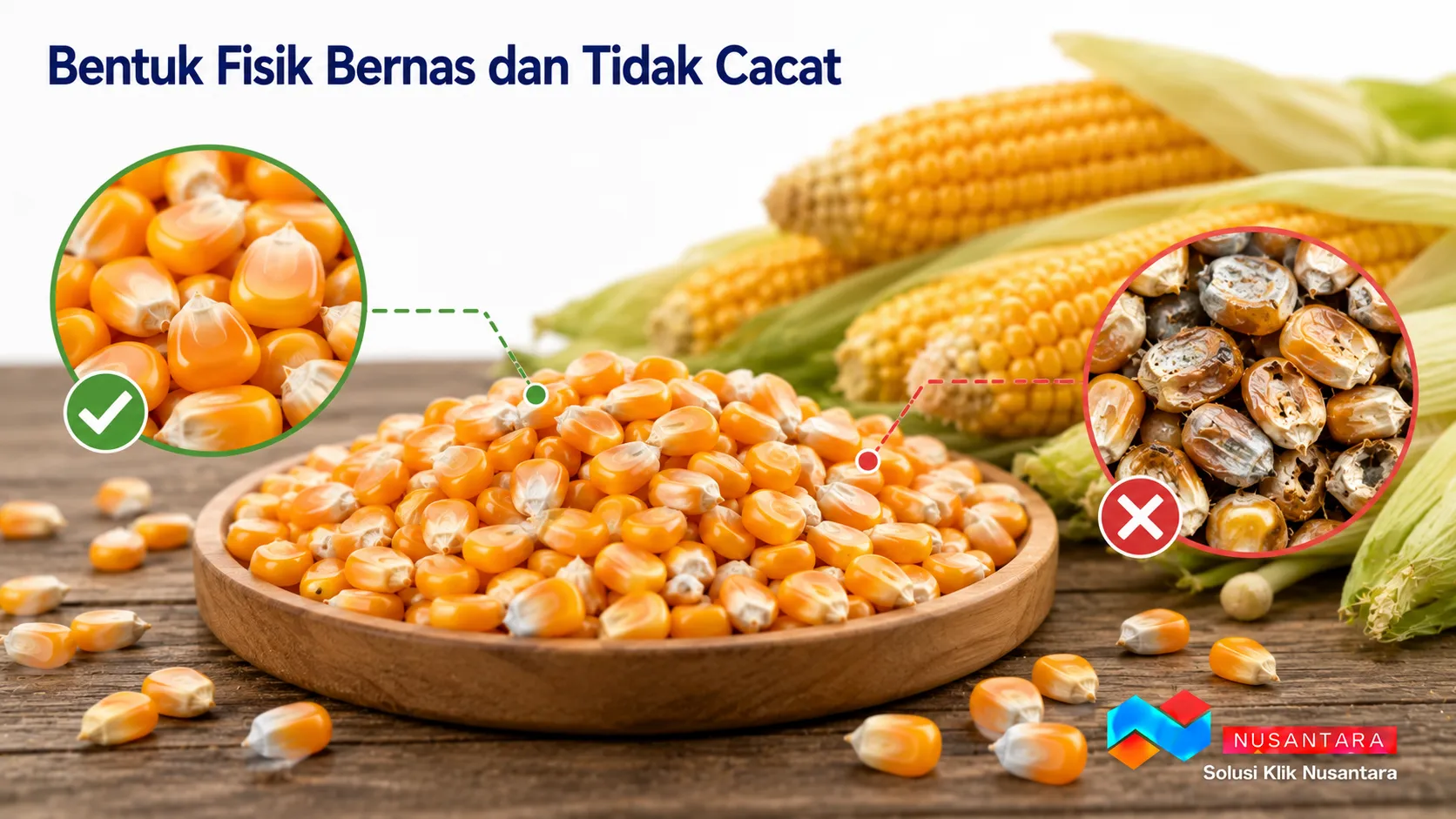Banner menampilkan benih jagung bernas, utuh, dan seragam sebagai ilustrasi bentuk fisik benih jagung berkualitas, dilengkapi logo Solusi Klik Nusantara di pojok kanan bawah.