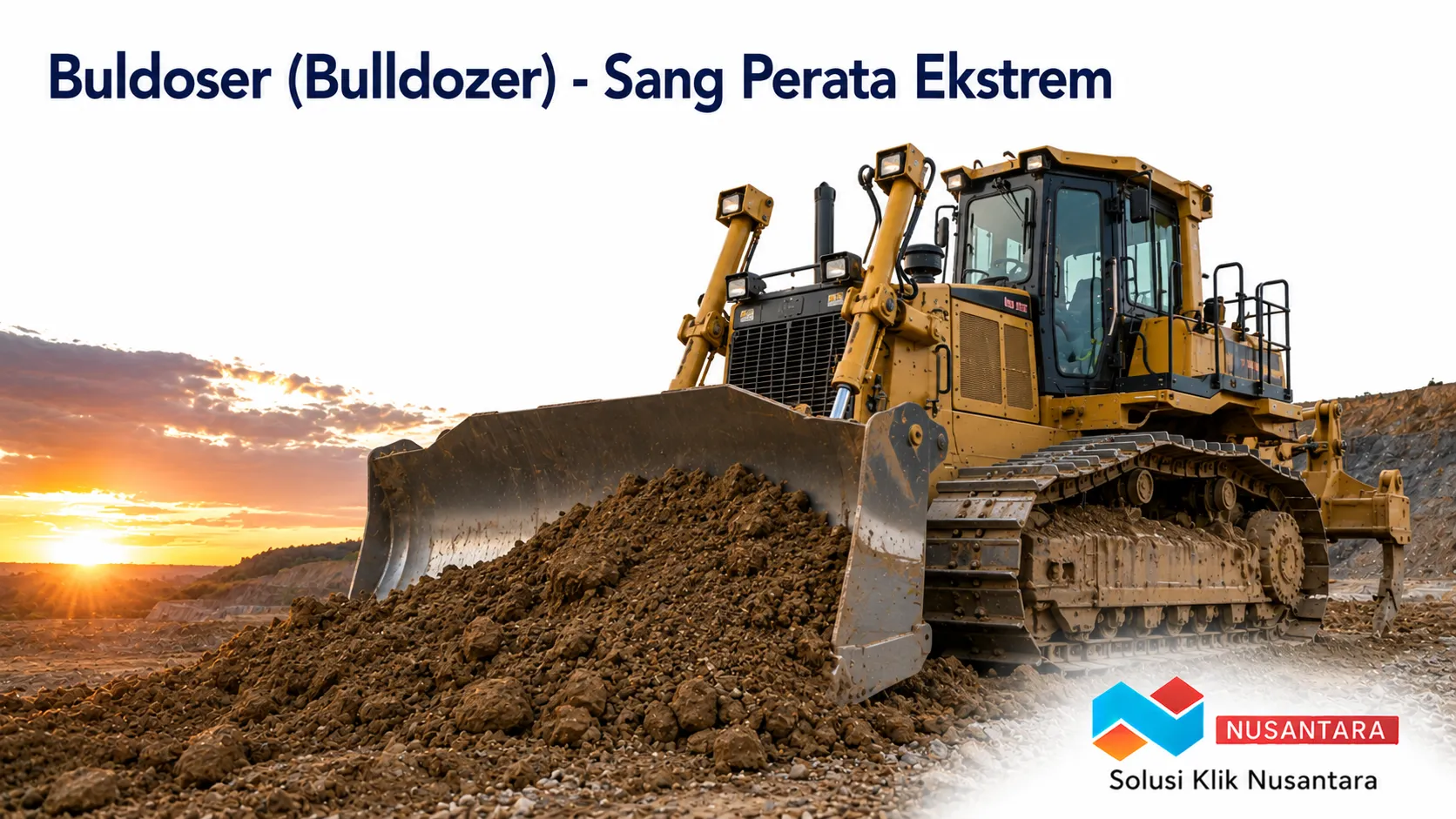 Buldoser (bulldozer) sedang meratakan dan mendorong material tanah pada tahap persiapan lahan proyek konstruksi.