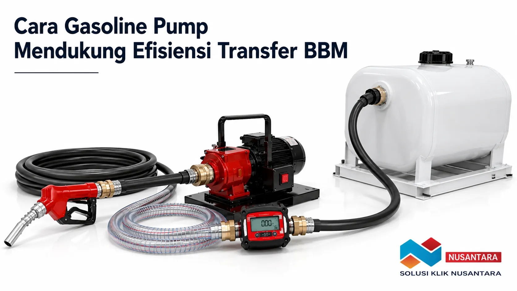 Gasoline pump elektrik terhubung dengan tangki penyimpanan, selang transfer, nozzle, dan flow meter untuk mendukung proses transfer BBM secara efisien.