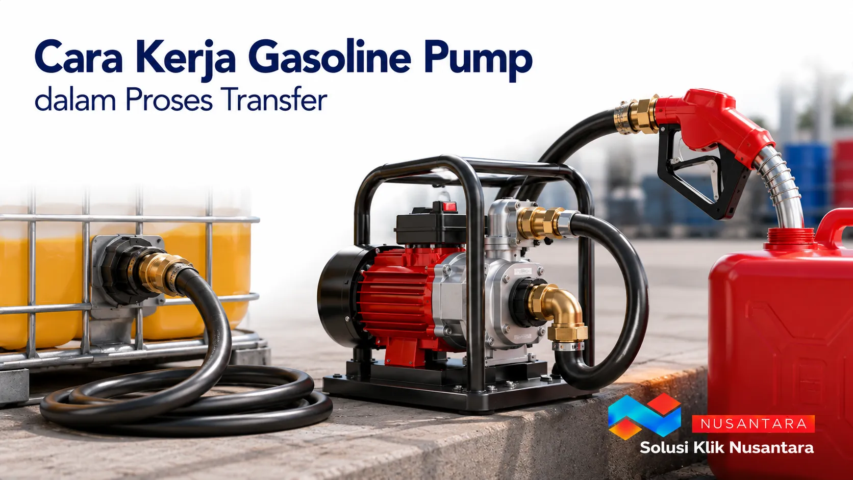 Gasoline pump terhubung dengan tangki, selang, dan nozzle sebagai ilustrasi proses transfer bahan bakar secara efisien.