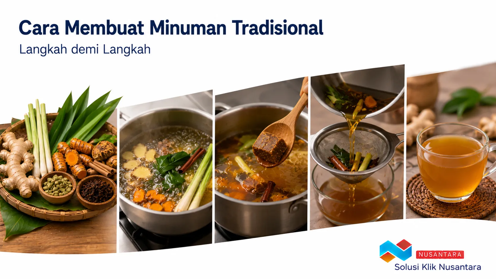 Proses pembuatan minuman tradisional menggunakan rempah alami mulai dari perebusan hingga siap disajikan.
