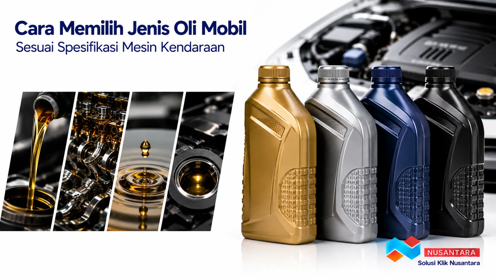 Banner menampilkan berbagai jenis oli mobil secara realistis dengan fokus pada produk pelumas mesin untuk membantu memilih oli sesuai spesifikasi mesin kendaraan, dilengkapi logo Solusi Klik Nusantara di pojok kanan bawah.