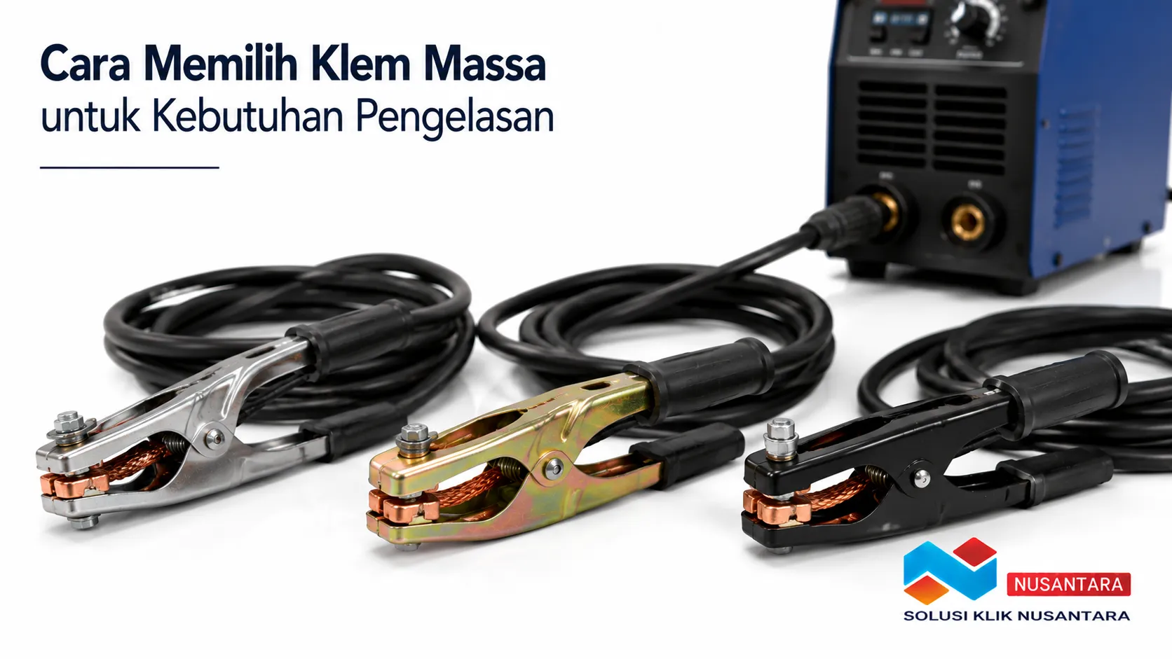 Klem massa berkualitas dengan kabel las sebagai komponen pendukung yang membantu menjaga kestabilan arus listrik selama proses pengelasan.