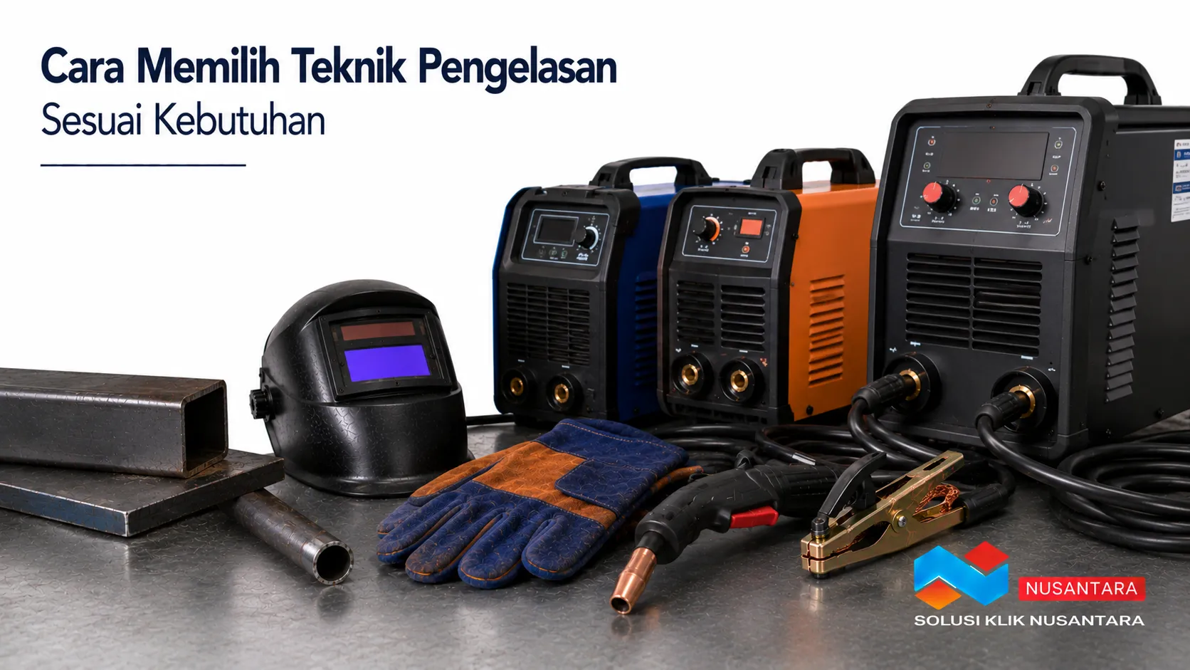 Banner peralatan las dengan mesin las dan perlengkapan pendukung untuk memilih teknik pengelasan sesuai kebutuhan pekerjaan.