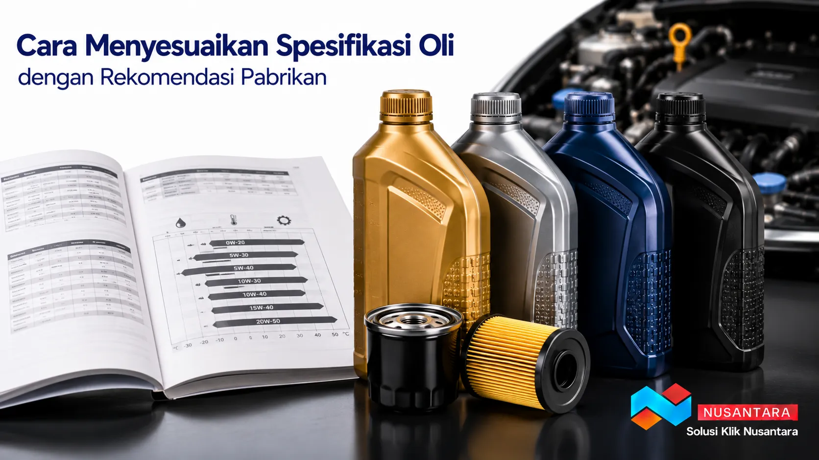 Banner menampilkan botol oli mesin, filter oli, dan buku manual kendaraan sebagai ilustrasi cara menyesuaikan spesifikasi oli sesuai rekomendasi pabrikan, dilengkapi logo Solusi Klik Nusantara di pojok kanan bawah.
