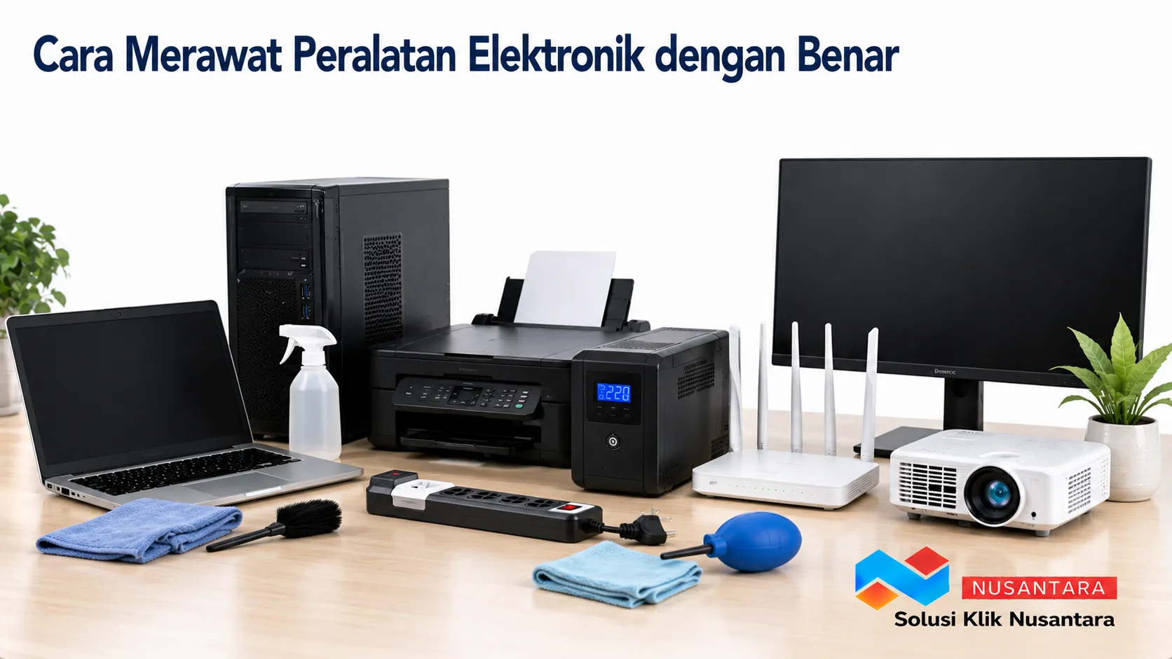 Peralatan elektronik seperti laptop, komputer, printer, monitor, UPS, dan proyektor ditata rapi sebagai ilustrasi pentingnya perawatan perangkat elektronik agar tetap optimal.