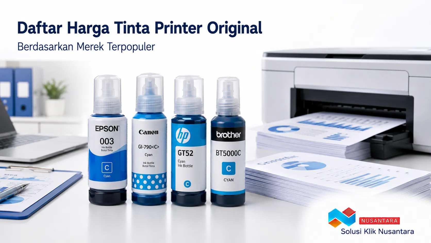 Botol tinta printer original dari berbagai merek populer untuk kebutuhan cetak berkualitas.