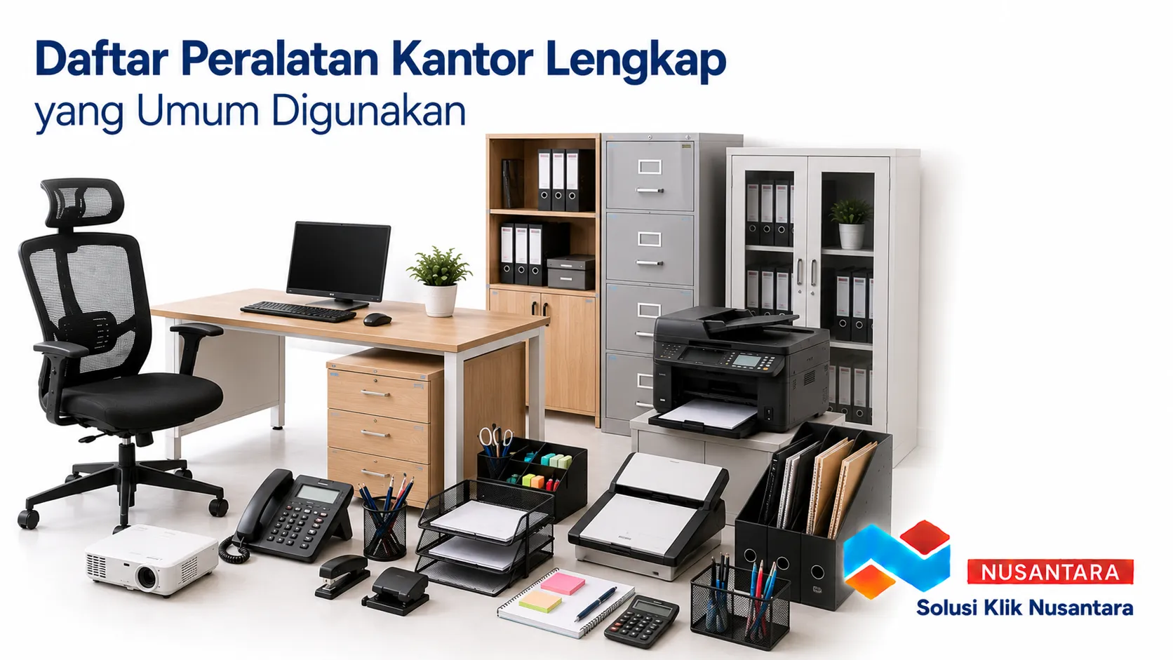 Daftar peralatan kantor lengkap untuk mendukung aktivitas administrasi dan operasional kerja.