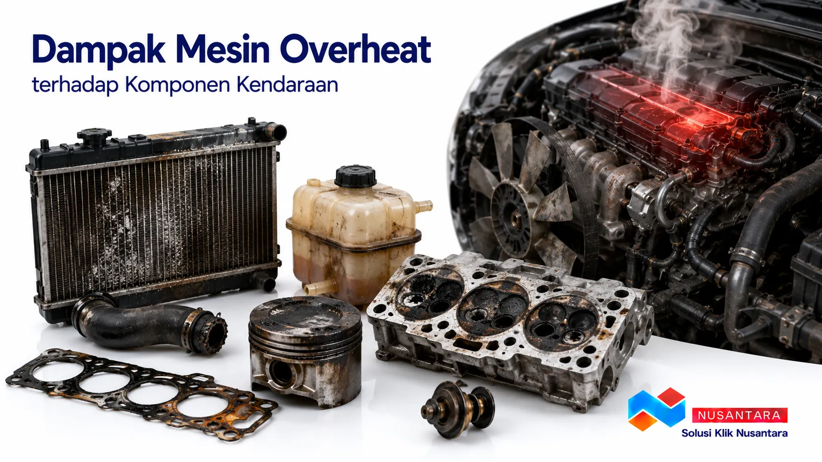 Banner menampilkan komponen mesin seperti radiator, cylinder head, piston, dan selang radiator sebagai ilustrasi dampak mesin overheat terhadap komponen kendaraan, dilengkapi logo Solusi Klik Nusantara di pojok kanan bawah.