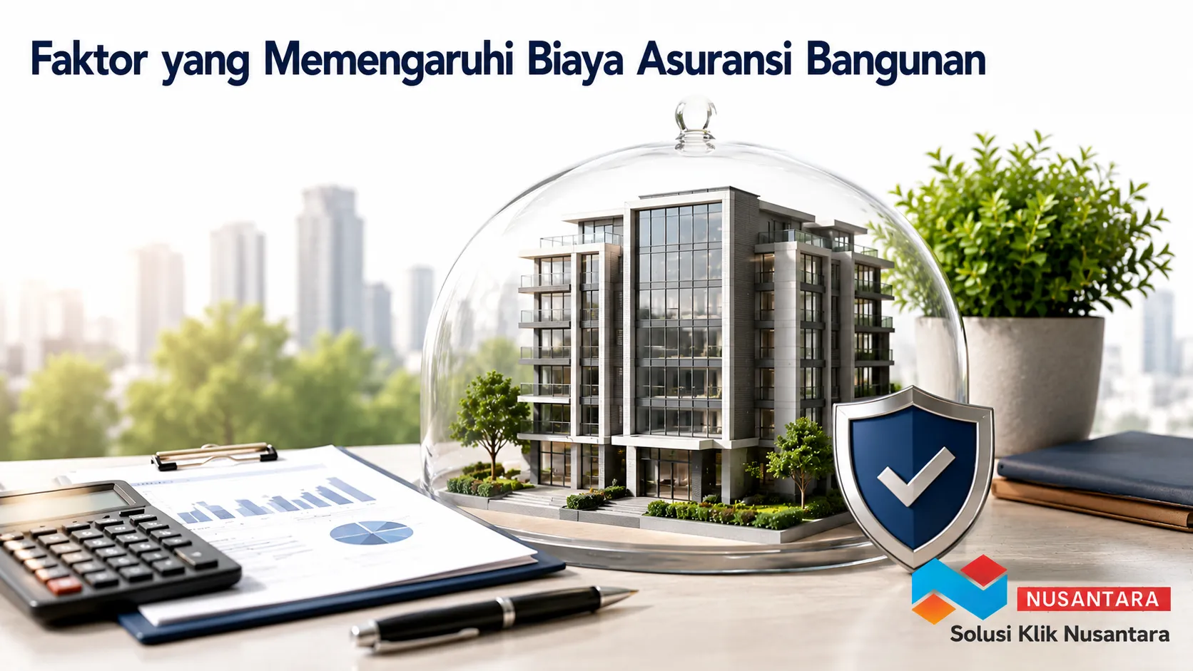 Ilustrasi gedung modern dengan dokumen dan perlindungan asuransi sebagai gambaran faktor yang memengaruhi biaya asuransi bangunan.