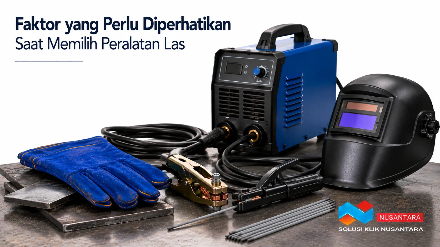 Peralatan las lengkap seperti mesin las, klem massa, holder elektroda, dan kabel las untuk mendukung proses pengelasan yang aman dan efisien.
