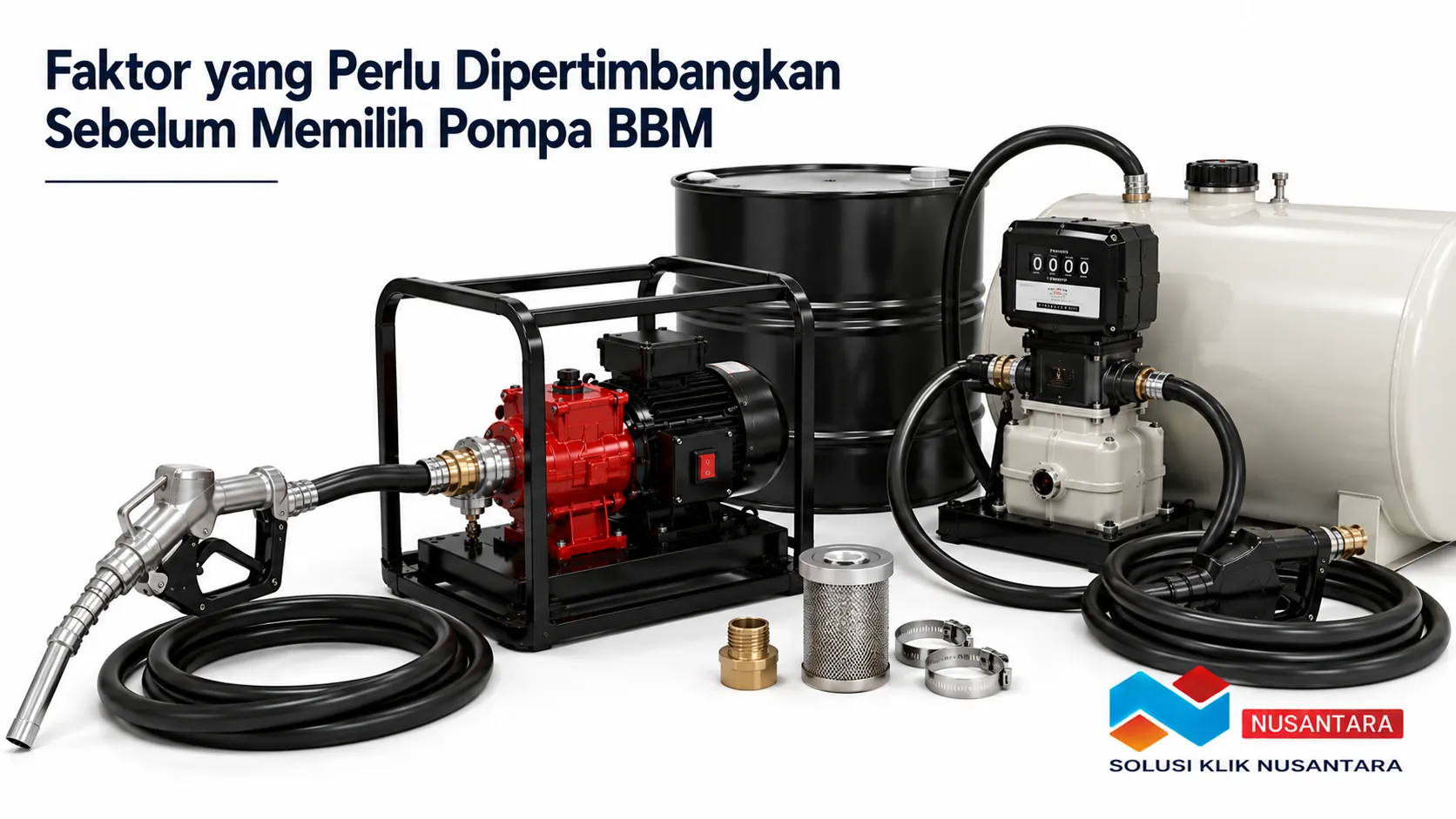Gasoline pump dan pompa BBM lengkap dengan tangki, selang transfer, nozzle, dan filter ditampilkan sebagai sistem pemindahan bahan bakar untuk berbagai kebutuhan operasional.