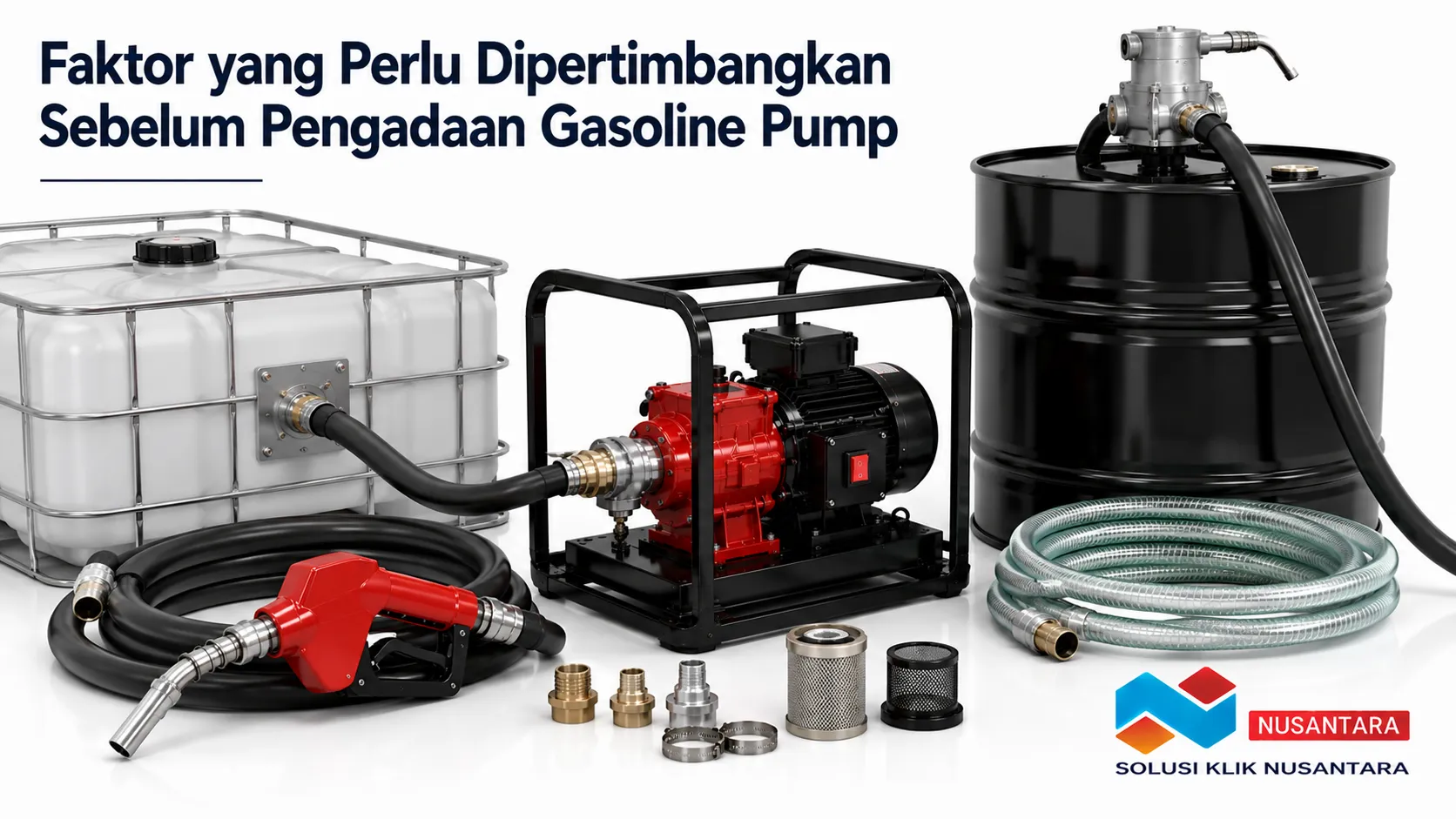 Gasoline pump, tangki penyimpanan, drum, selang transfer, nozzle, dan komponen pendukung tersusun sebagai sistem transfer bahan bakar untuk kebutuhan operasional.