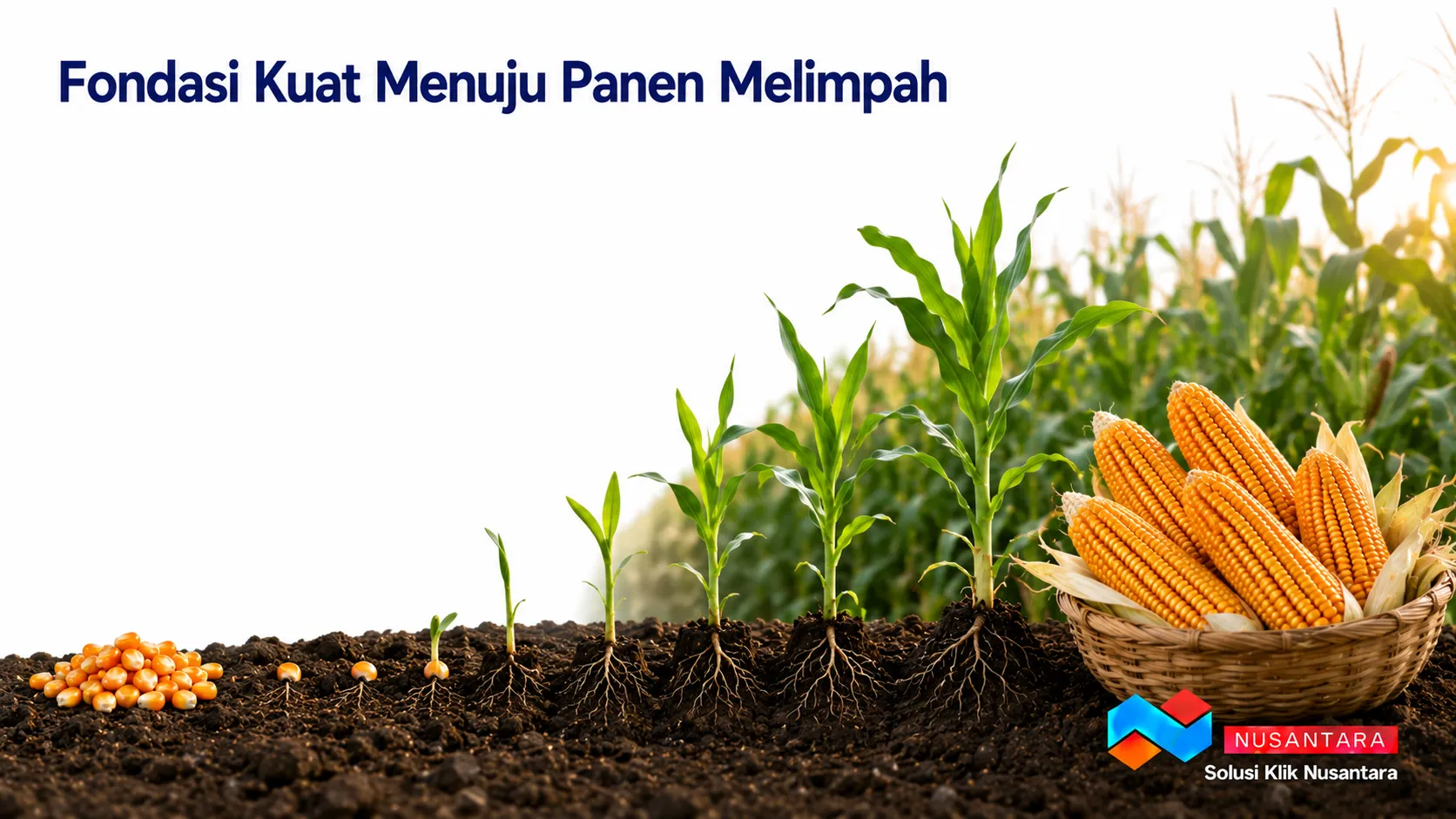 Banner menampilkan benih jagung, tanaman jagung pada berbagai fase pertumbuhan, dan tongkol jagung hasil panen sebagai ilustrasi fondasi kuat menuju panen melimpah, dilengkapi logo Solusi Klik Nusantara di pojok kanan bawah.
