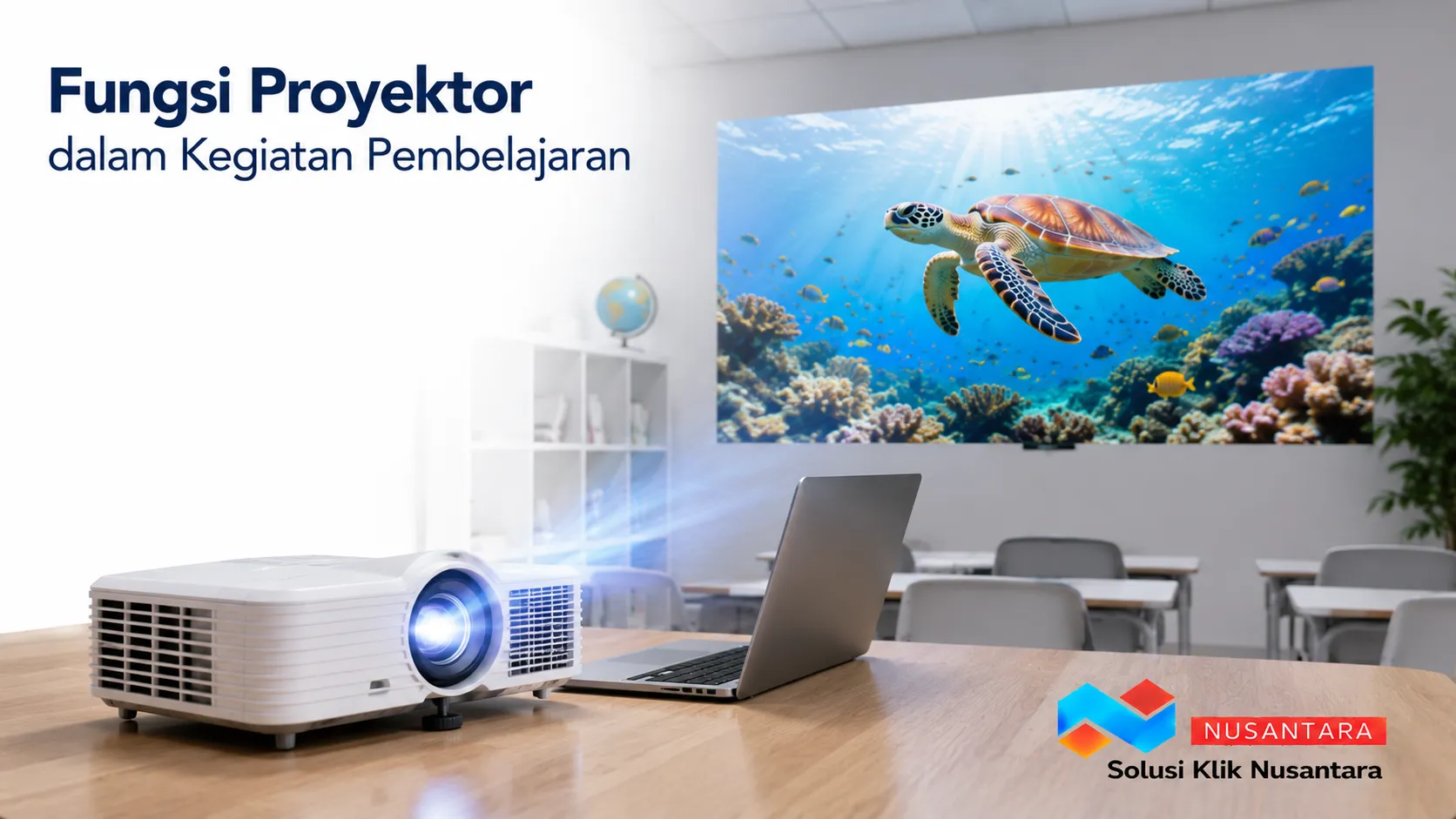 Proyektor modern di ruang kelas menampilkan materi pembelajaran sebagai ilustrasi fungsi proyektor dalam mendukung proses belajar mengajar.