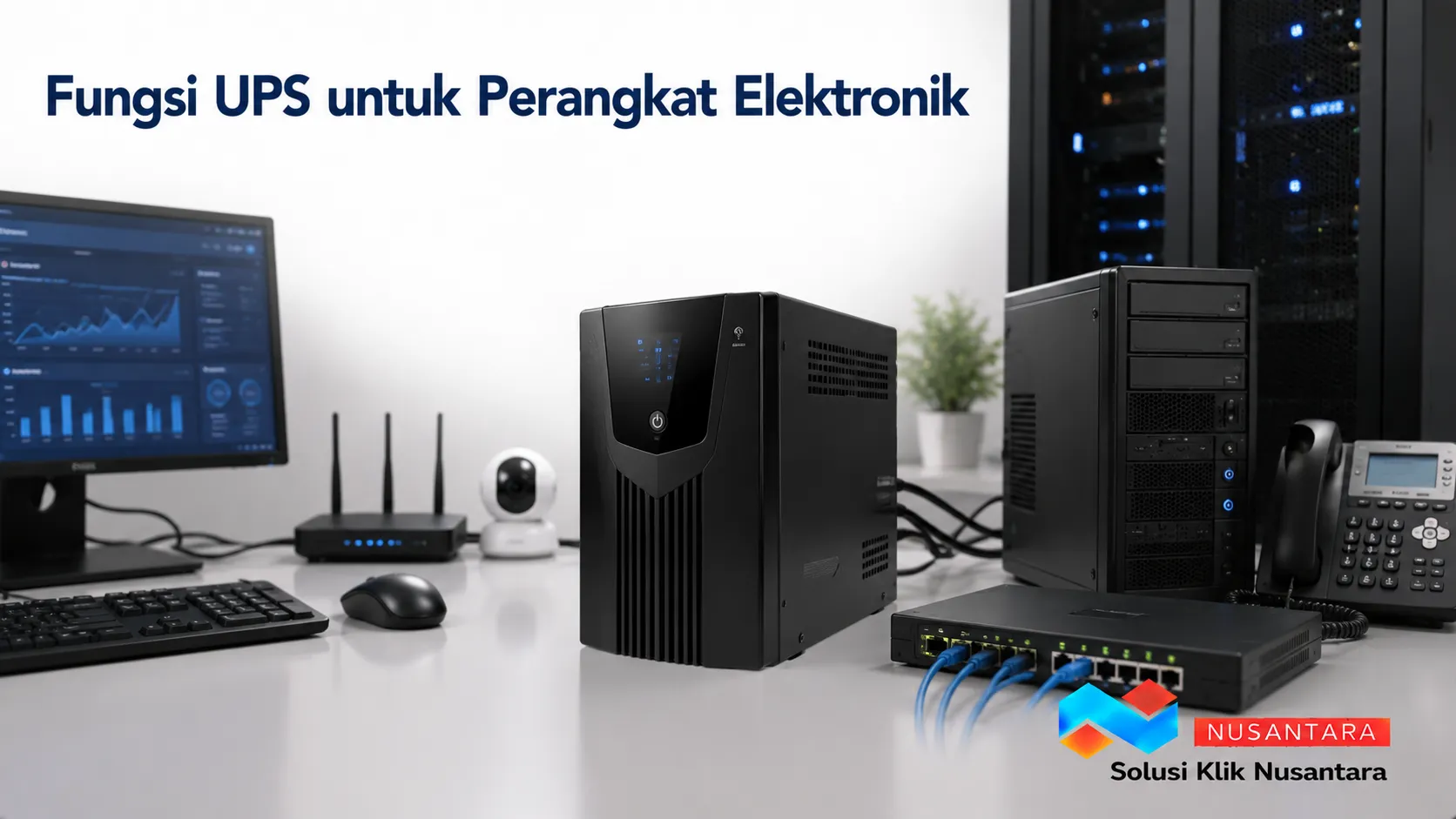 UPS terhubung dengan komputer, server, dan perangkat jaringan sebagai ilustrasi fungsi UPS dalam melindungi peralatan elektronik dari gangguan listrik.