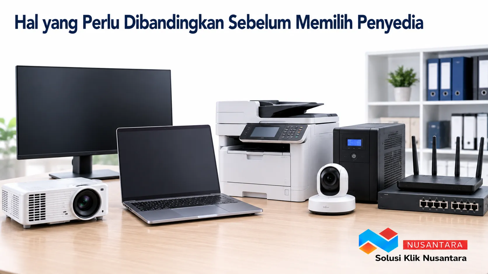 Banner yang menampilkan berbagai peralatan elektronik kantor seperti laptop, monitor, printer, proyektor, UPS, dan perangkat jaringan sebagai ilustrasi pertimbangan dalam memilih penyedia elektronik INAPROC.