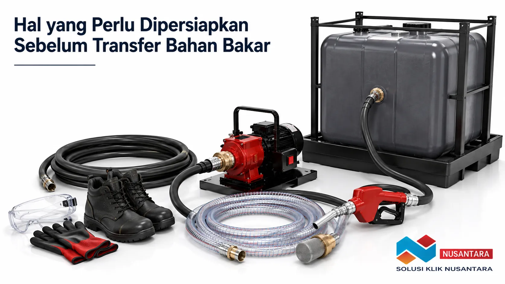 Gasoline pump, tangki bahan bakar, selang transfer, nozzle, dan perlengkapan keselamatan disiapkan sebelum proses transfer bahan bakar dimulai.