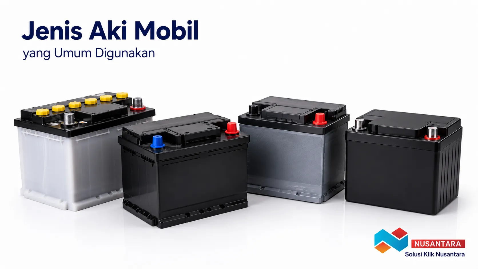 Banner menampilkan beberapa jenis aki mobil secara realistis, termasuk aki basah, aki kering, dan AGM, dengan logo Solusi Klik Nusantara di pojok kanan bawah.