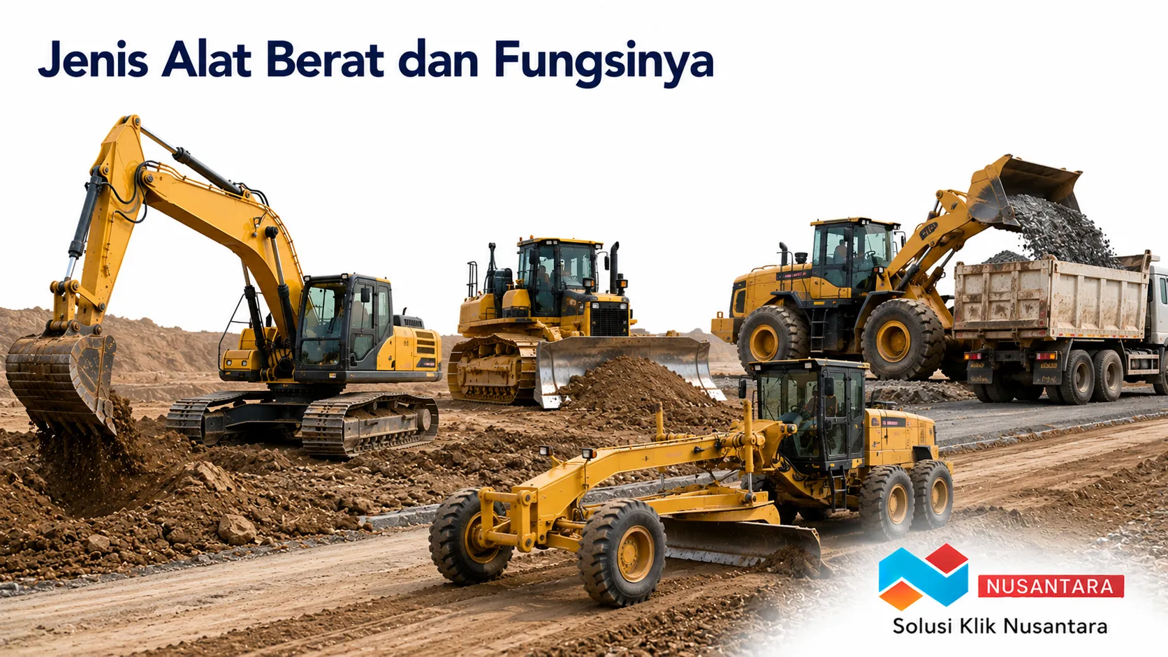 Beragam jenis alat berat seperti excavator, bulldozer, wheel loader, dan motor grader untuk mendukung berbagai pekerjaan konstruksi.