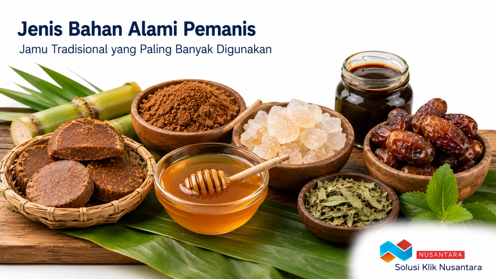 Beragam bahan alami pemanis jamu tradisional seperti gula aren, gula kelapa, madu, gula batu, sari kurma, dan daun stevia yang umum digunakan dalam minuman herbal.