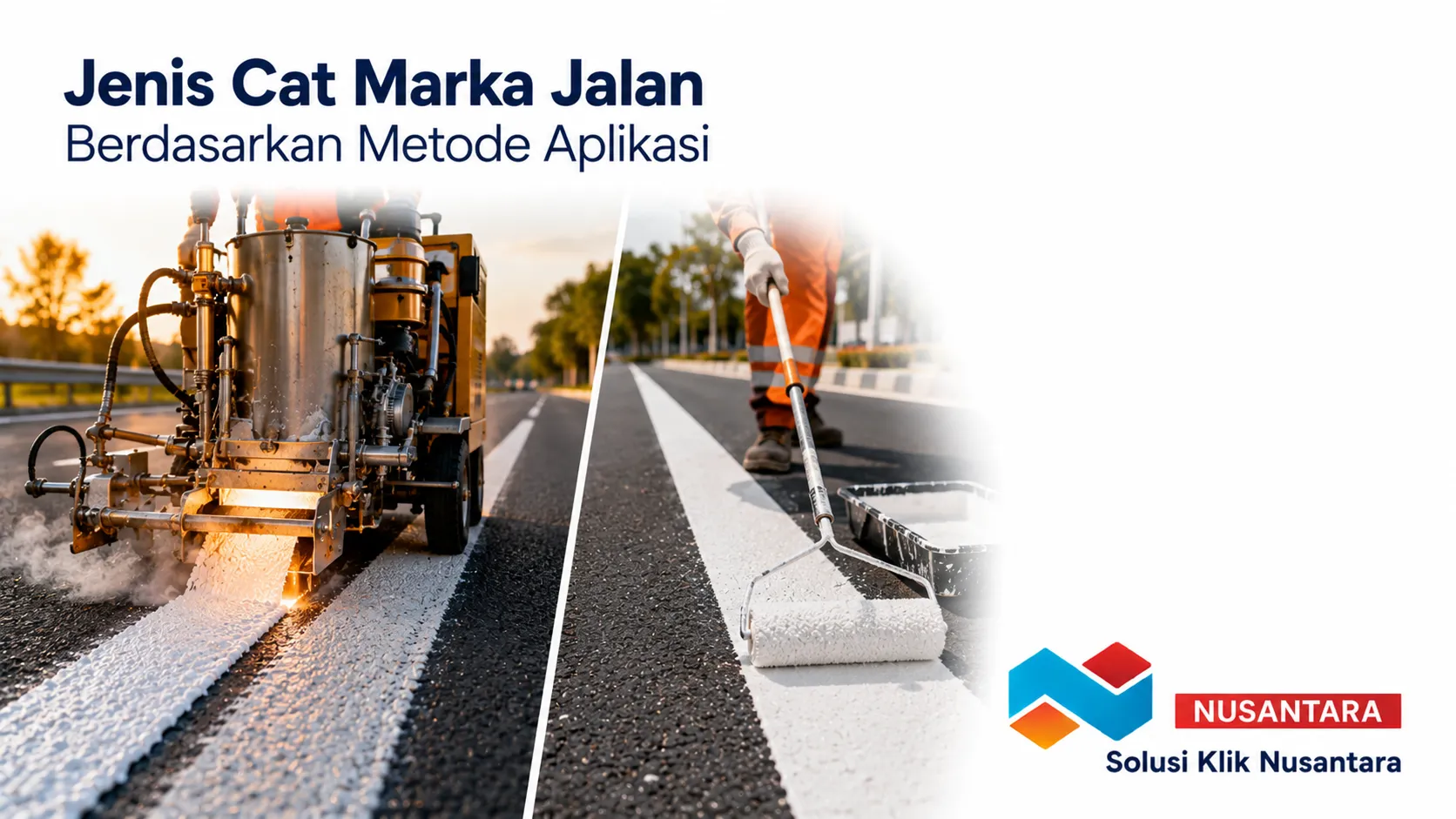 Metode aplikasi cat marka jalan menggunakan sistem hot applied dan cold applied pada permukaan jalan.