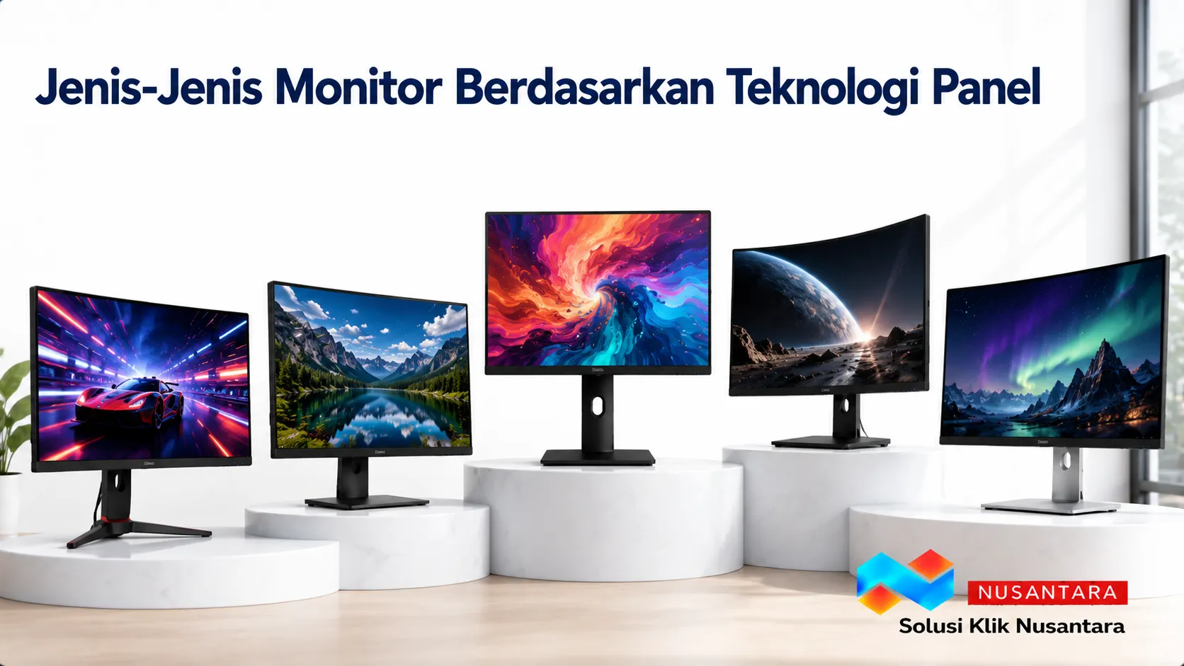Beragam monitor dengan teknologi panel berbeda ditampilkan sebagai ilustrasi perbedaan jenis monitor berdasarkan karakteristik dan kualitas tampilan.
