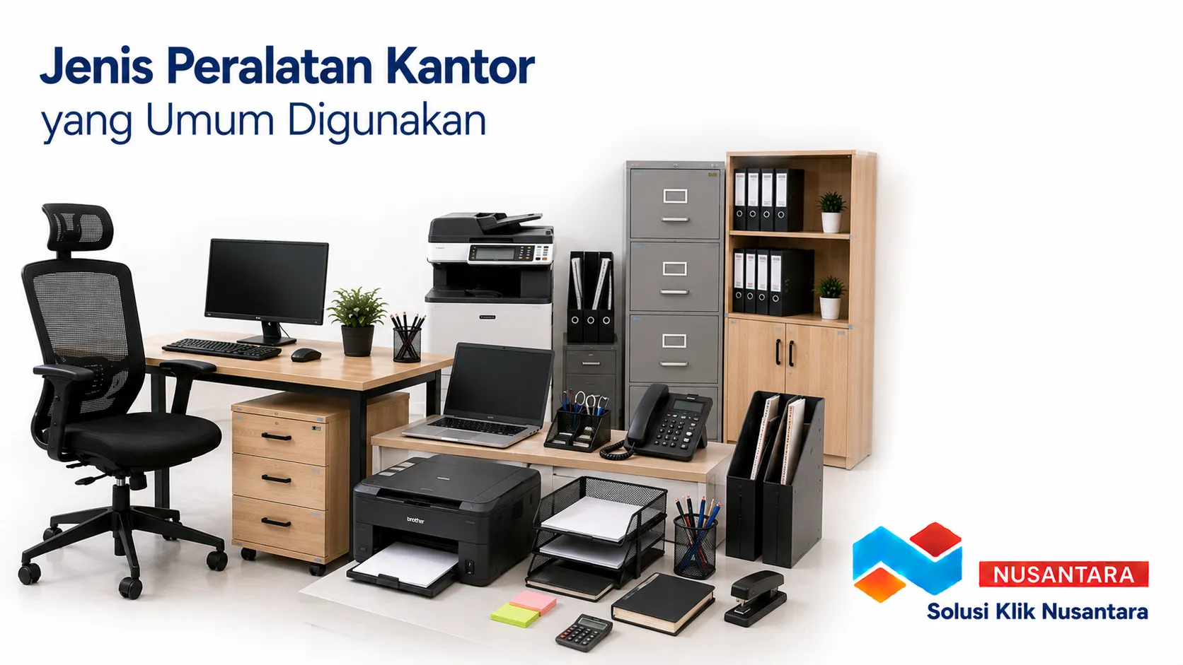 Jenis peralatan kantor yang umum digunakan untuk mendukung aktivitas administrasi dan operasional kerja.