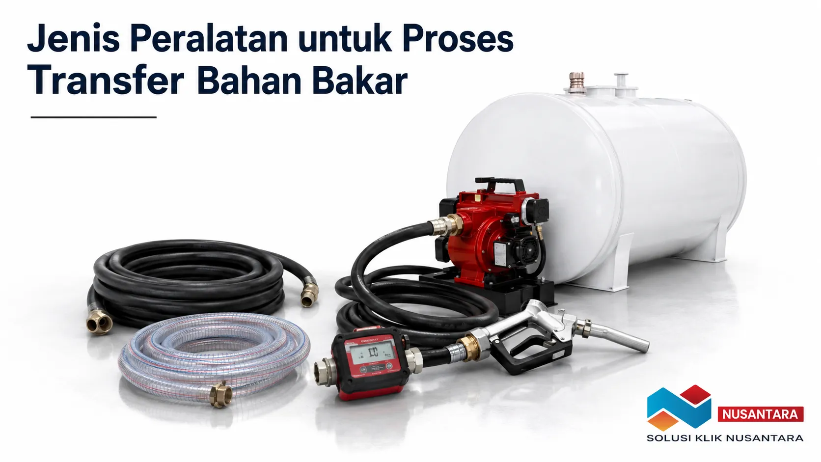 Peralatan transfer bahan bakar terdiri dari gasoline pump, tangki penyimpanan, selang transfer, nozzle, dan flow meter yang tersusun rapi dalam tampilan realistis.