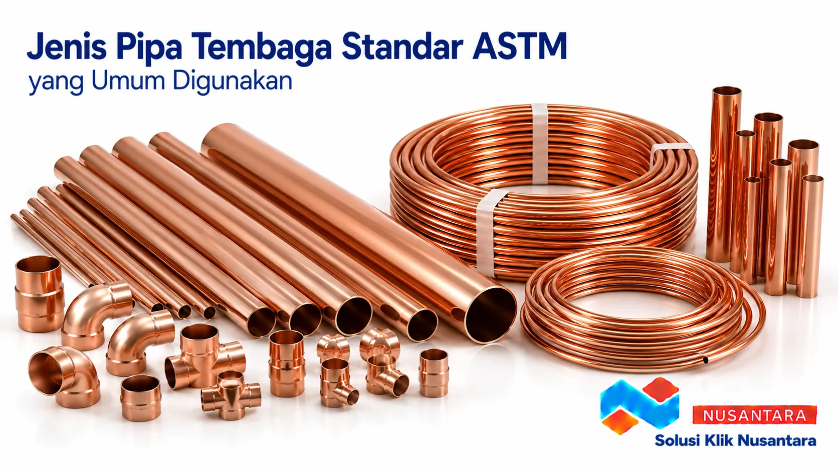 Jenis pipa tembaga standar ASTM berbagai ukuran untuk aplikasi HVAC, refrigerasi, instalasi air, gas, dan kebutuhan industri.