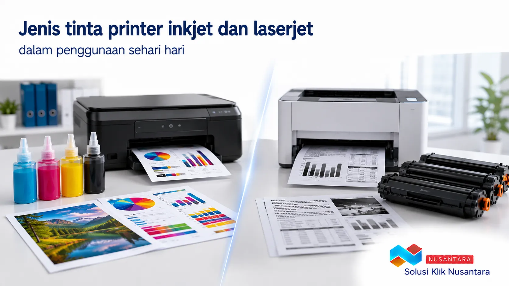 Perbandingan tinta printer inkjet dan laserjet untuk kebutuhan cetak sehari-hari di kantor.