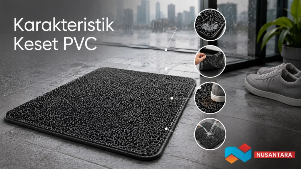 Banner karakteristik keset PVC dengan tampilan produk realistis dan material anti air.