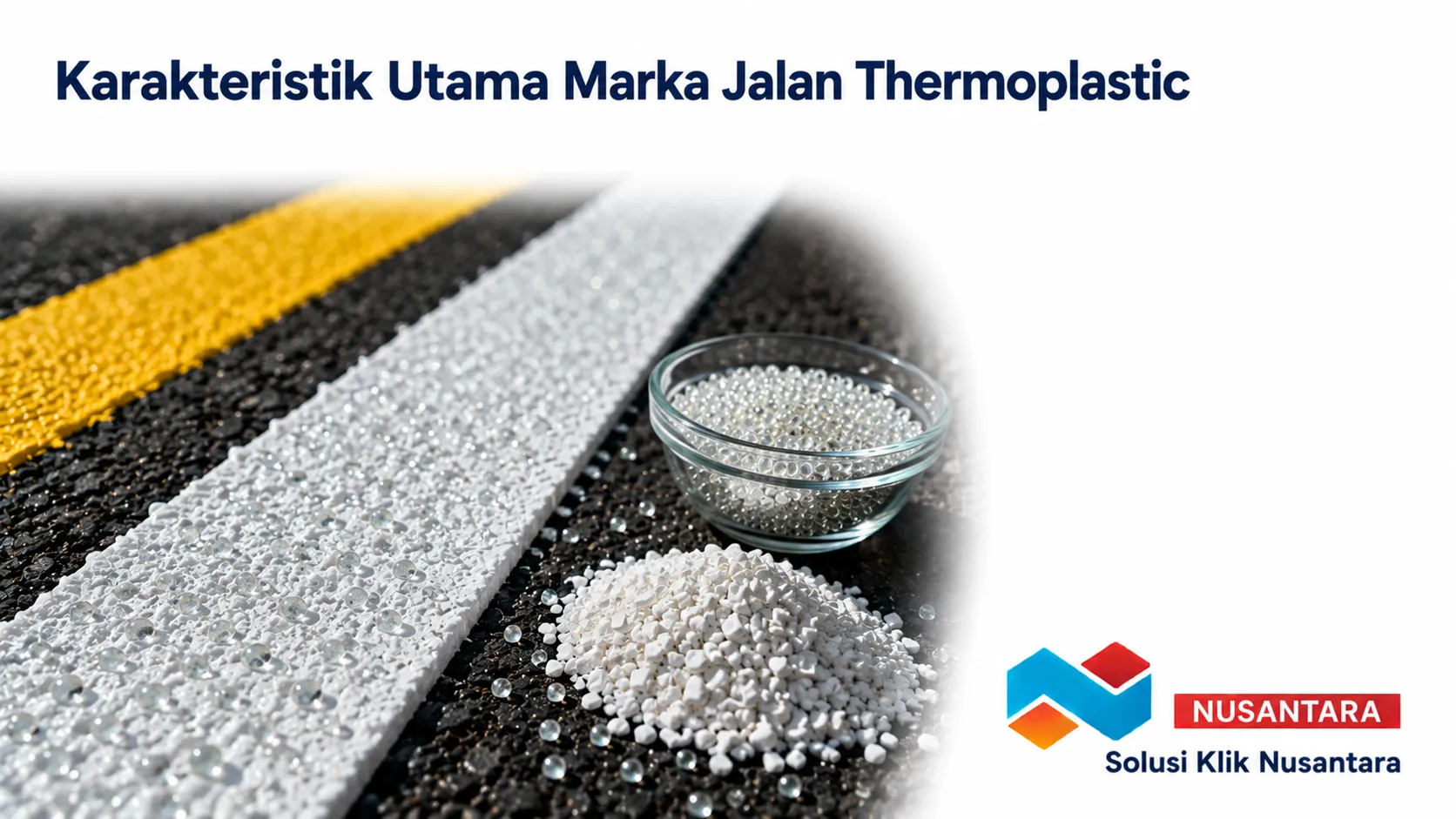 Marka jalan thermoplastic dengan glass beads reflektif yang memiliki daya tahan tinggi dan visibilitas optimal.