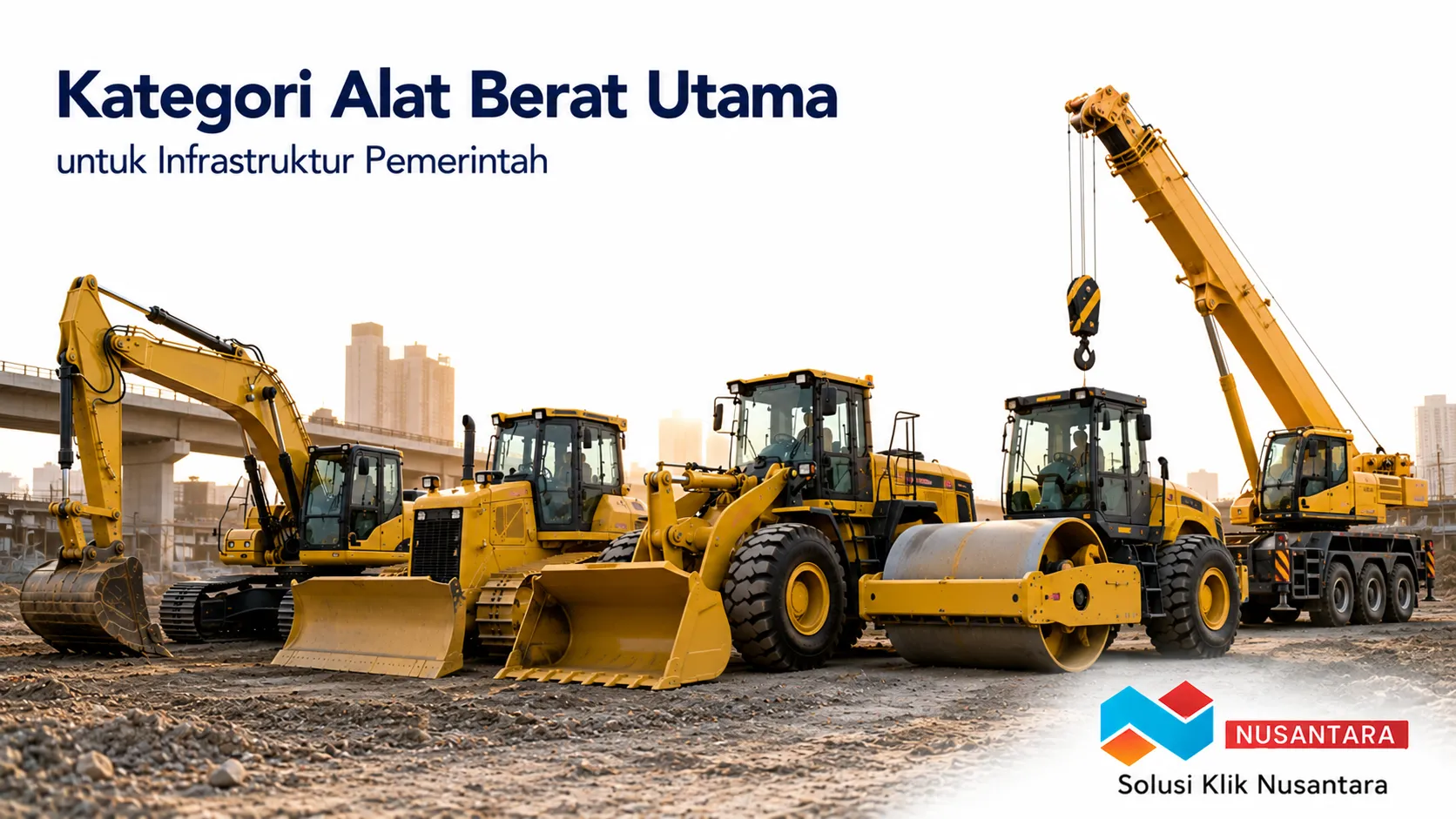 Berbagai kategori alat berat seperti excavator, bulldozer, wheel loader, roller, dan crane untuk mendukung proyek infrastruktur pemerintah.