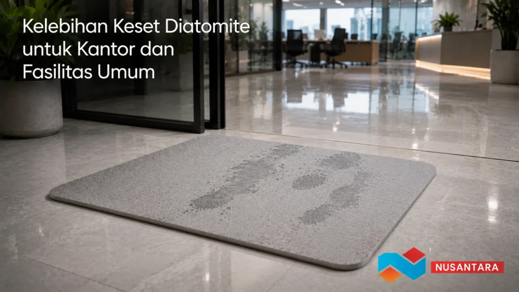 Banner keset diatomite realistis untuk area kantor dan fasilitas umum dengan daya serap tinggi.