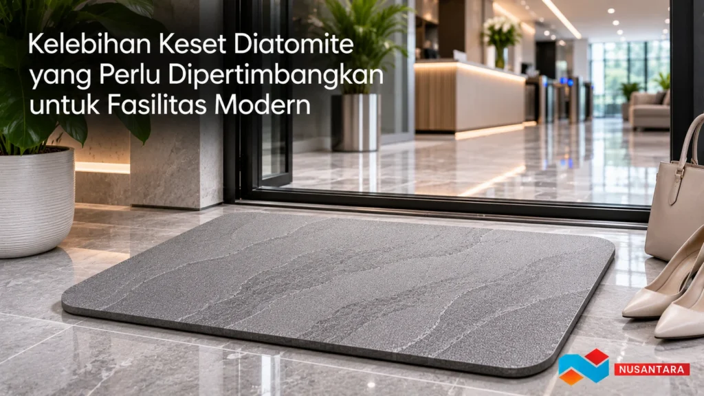 Banner keset diatomite realistis untuk fasilitas modern dengan tampilan elegan dan daya serap tinggi.