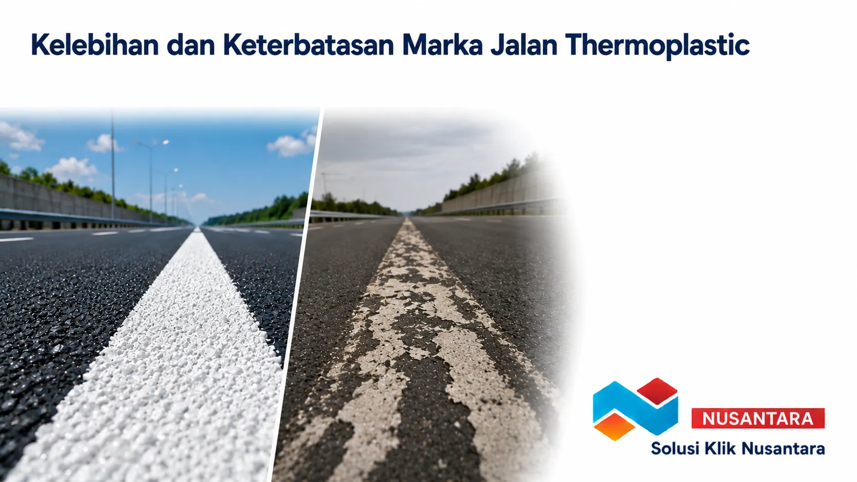 Perbandingan marka jalan thermoplastic baru dan aus yang menunjukkan kelebihan serta keterbatasan daya tahannya.