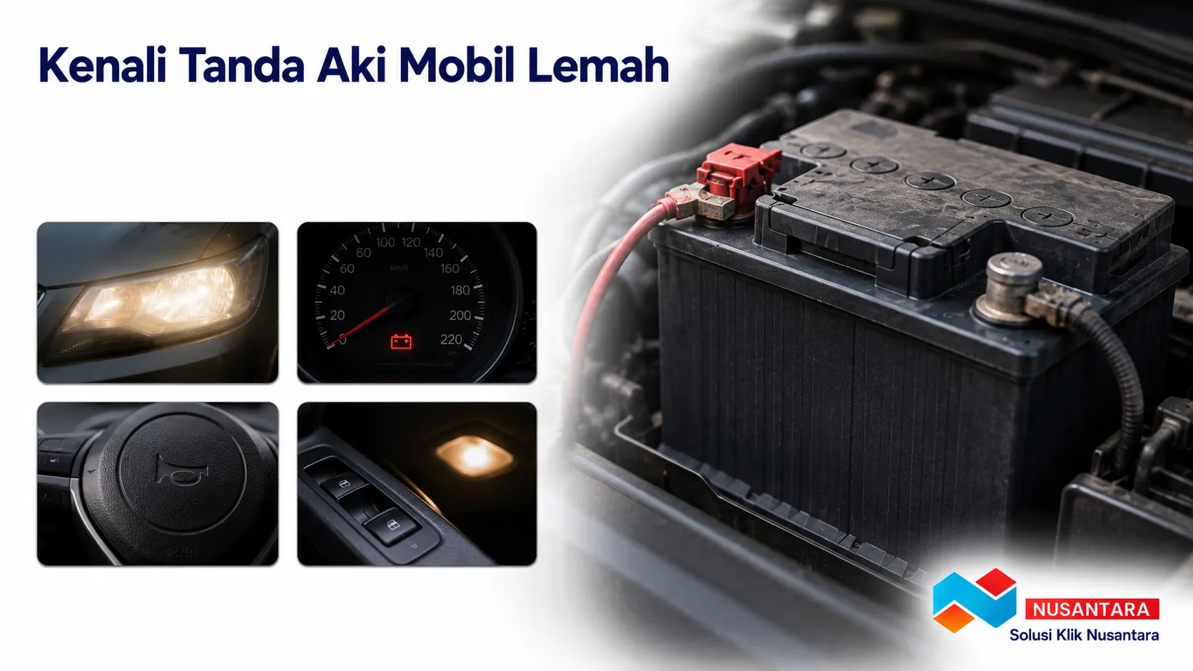 Banner menampilkan foto realistis aki mobil di ruang mesin sebagai ilustrasi tanda aki mobil lemah, dengan logo Solusi Klik Nusantara di pojok kanan bawah.