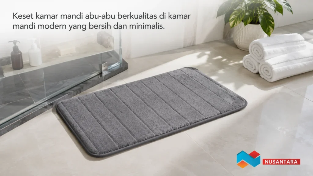 Keset kamar mandi abu-abu premium di kamar mandi modern yang bersih dan elegan.