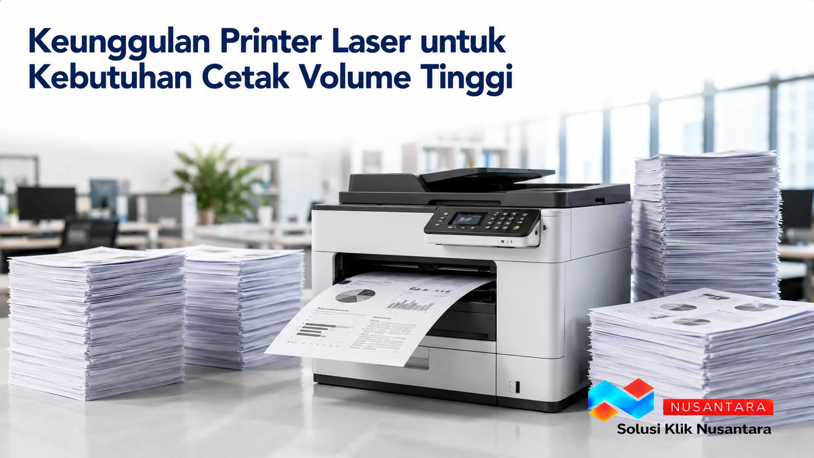 Printer laser mencetak dokumen dalam volume tinggi sebagai ilustrasi keunggulan printer laser untuk kebutuhan operasional di kantor.