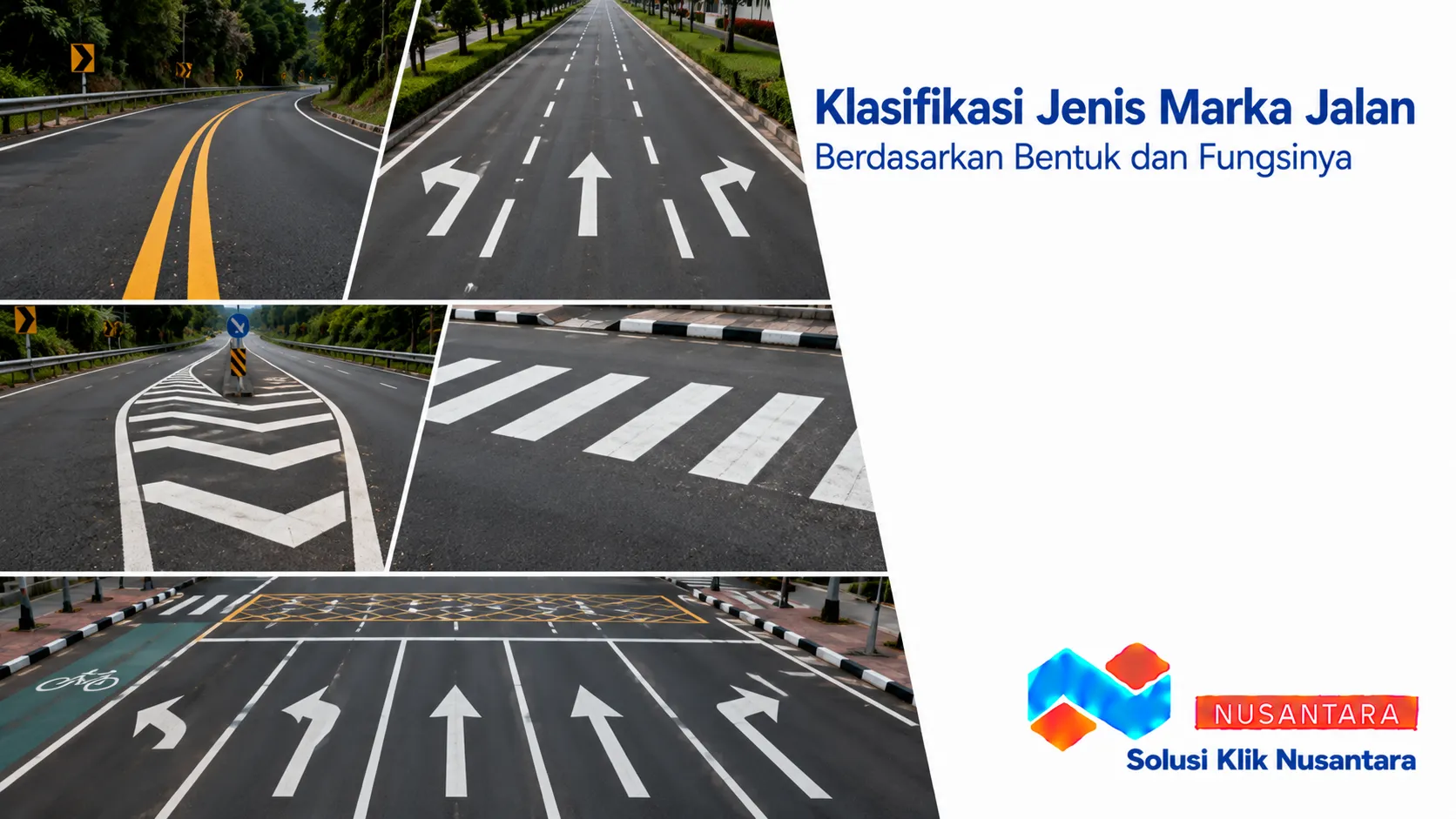 Tampilan udara jalan modern dengan berbagai jenis marka jalan seperti garis membujur, panah arah, dan marka serong yang menunjukkan klasifikasi marka jalan berdasarkan bentuk dan fungsinya.