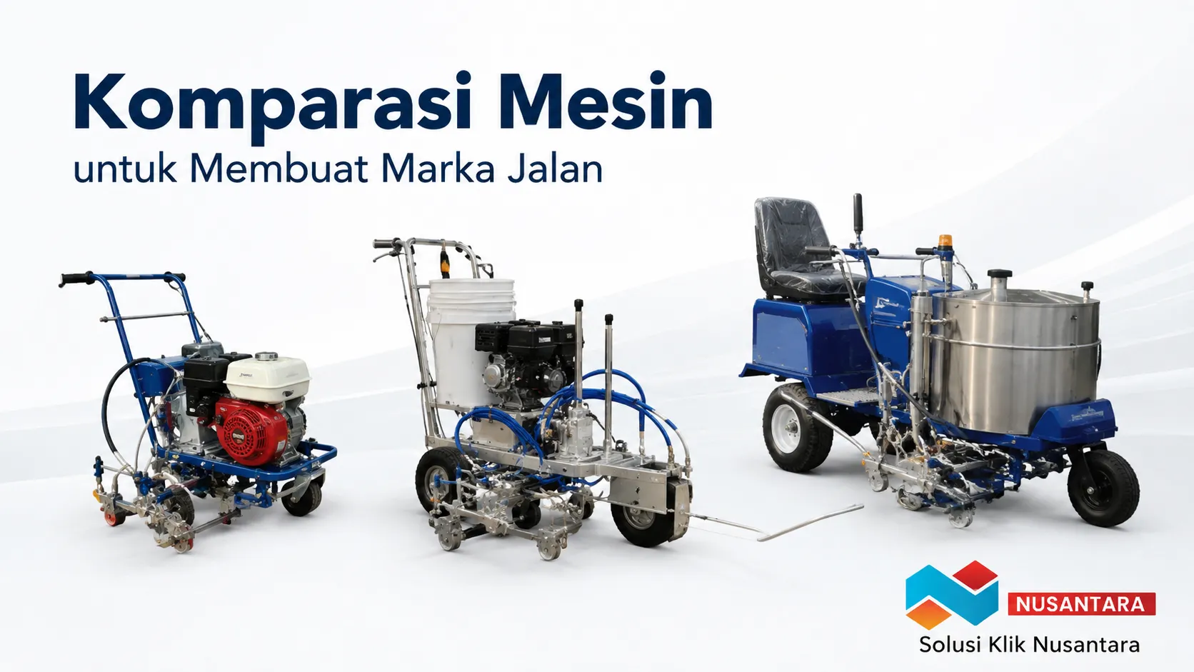 Perbandingan beberapa jenis mesin marka jalan pada area proyek yang menunjukkan perbedaan tipe dan fungsi untuk berbagai kebutuhan aplikasi marka.